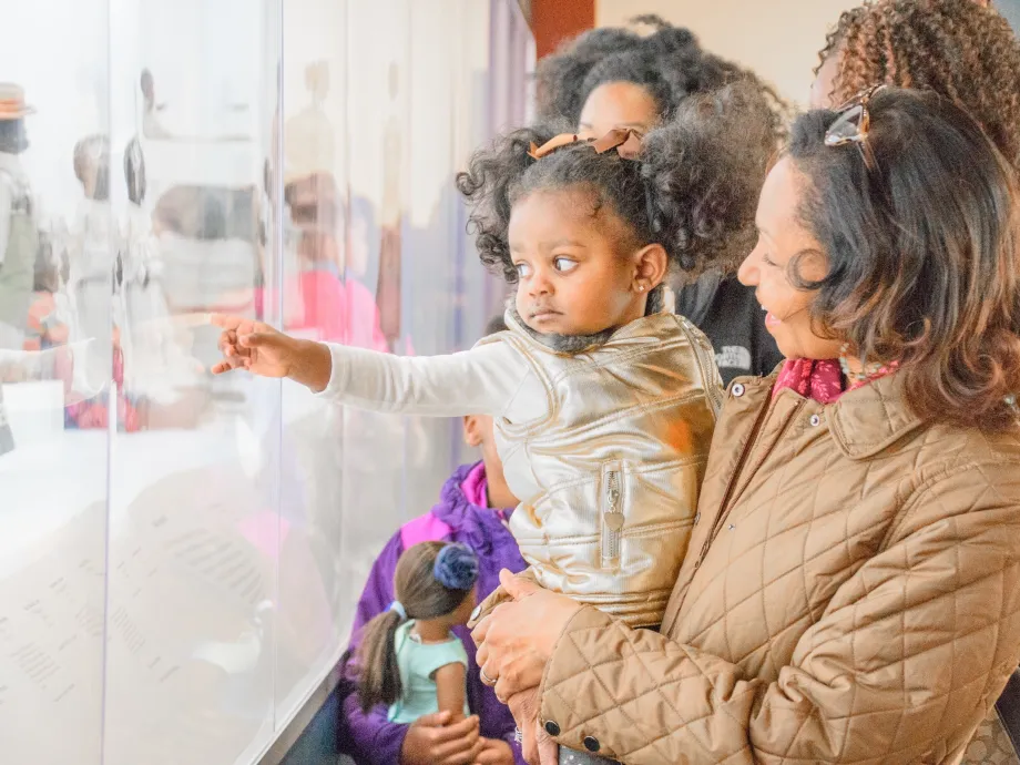 Child pointing at a display case